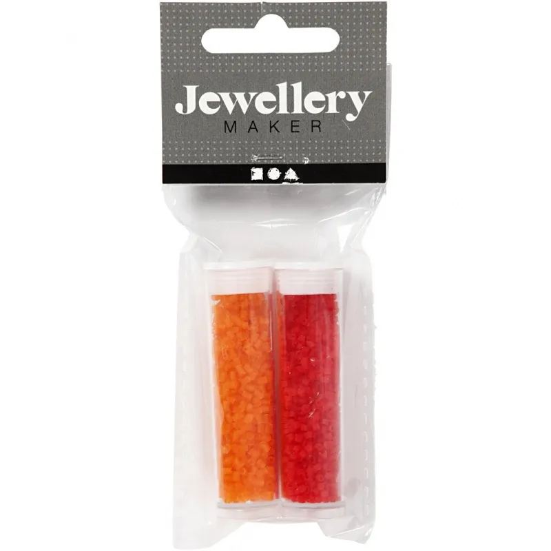 Rocailles-Perlen 2-cut, D 1,7 mm, Größe 15/0, Lochgröße 0,5 mm, Transparent Orange, Transparent Rot, 2x7 g/ 1 Pck