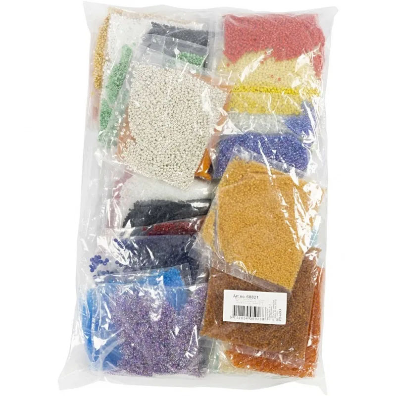 Rocailles-Perlen, D 1,7+3+4 mm, Größe 6/0+8/0+12/0, Lochgröße 0,5-1,2 mm, Farbe kann variieren , 32x100 g/ 1 Pck
