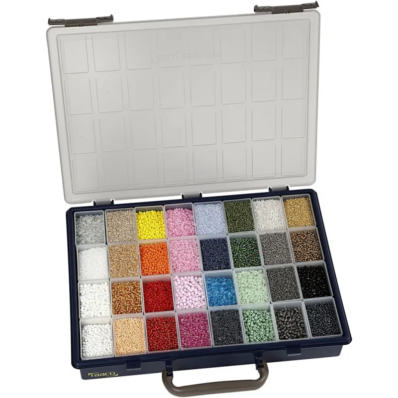 Rocailles-Perlen, D 1,7+3+4 mm, Größe 6/0+8/0+12/0, Lochgröße 0,5-1,2 mm, Farbe kann variieren , 32x100 g/ 1 Pck