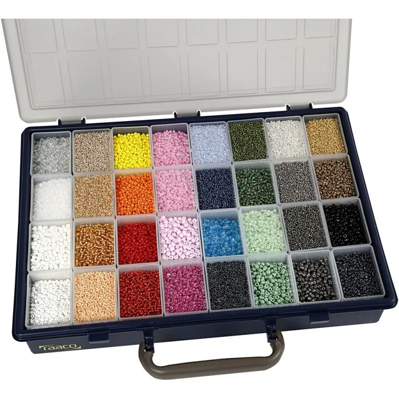 Rocailles-Perlen, D 1,7+3+4 mm, Größe 6/0+8/0+12/0, Lochgröße 0,5-1,2 mm, Farbe kann variieren , 32x100 g/ 1 Pck