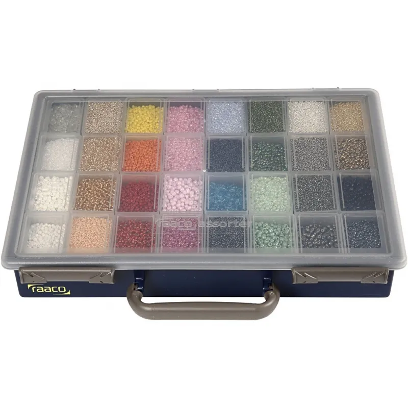 Rocailles-Perlen, D 1,7+3+4 mm, Größe 6/0+8/0+12/0, Lochgröße 0,5-1,2 mm, Farbe kann variieren , 32x100 g/ 1 Pck