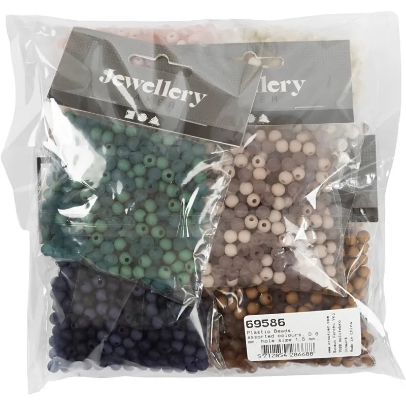 Kunststoffperlen - Set, D 6 mm, Lochgröße 1,5 mm, Inhalt kann variieren , ca. 10x150 Stk, Sortierte Farben, 8x40 g/ 1 Pck