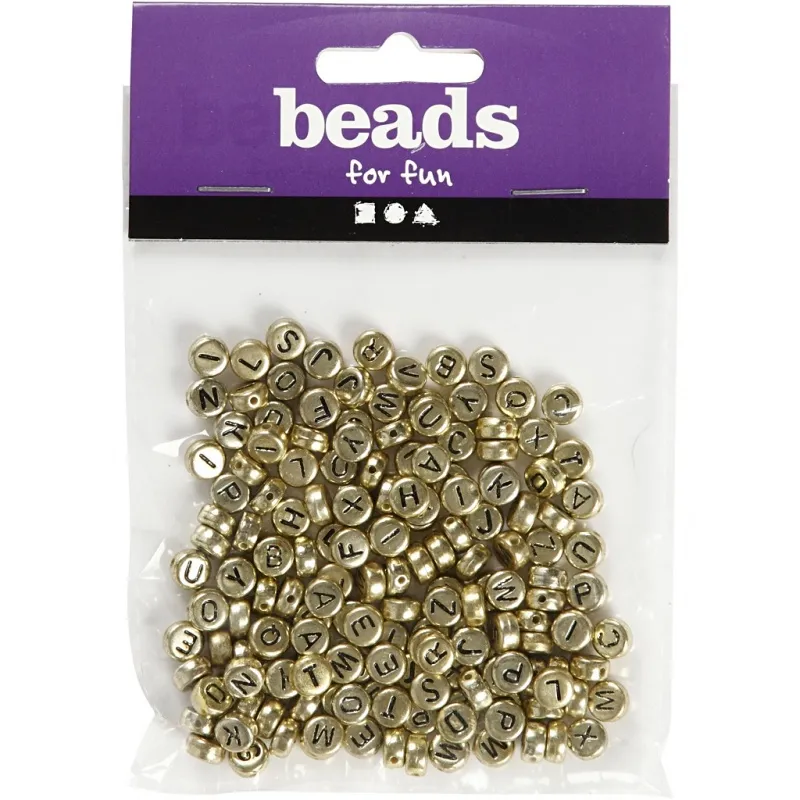 Buchstaben-Perlen, D 7 mm, Lochgröße 1,2 mm, ca. 200 Stk, Gold, 21 g/ 1 Pck
