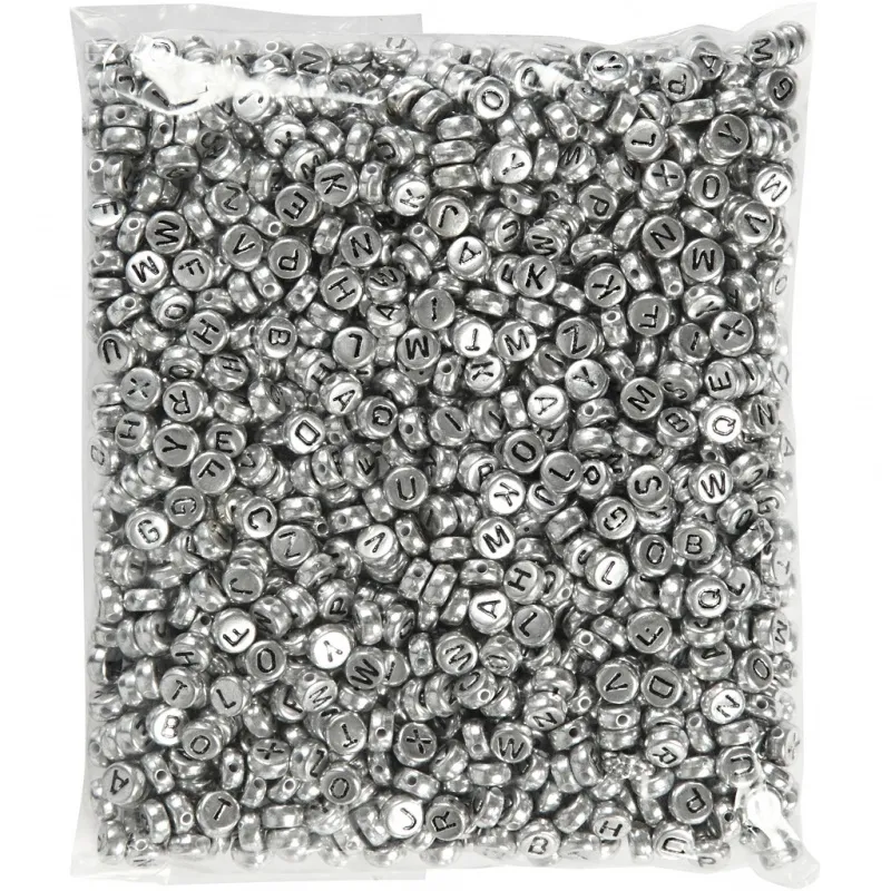 Buchstaben-Perlen, D 7 mm, Lochgröße 1,2 mm, ca. 1500 Stk, Silber, 165 g/ 1 Pck