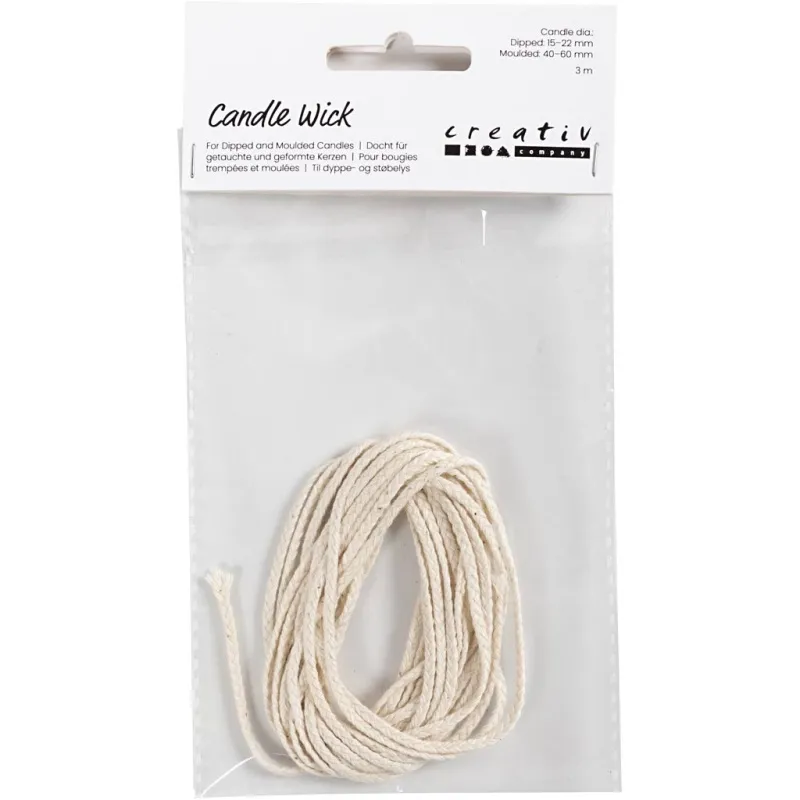 Docht , Geeignet für getauchte Kerzen (Durchm. 15–22 mm) und geformte Kerzen (Durchm. 40–60 mm), 100 g, 3 m/ 1 Pck