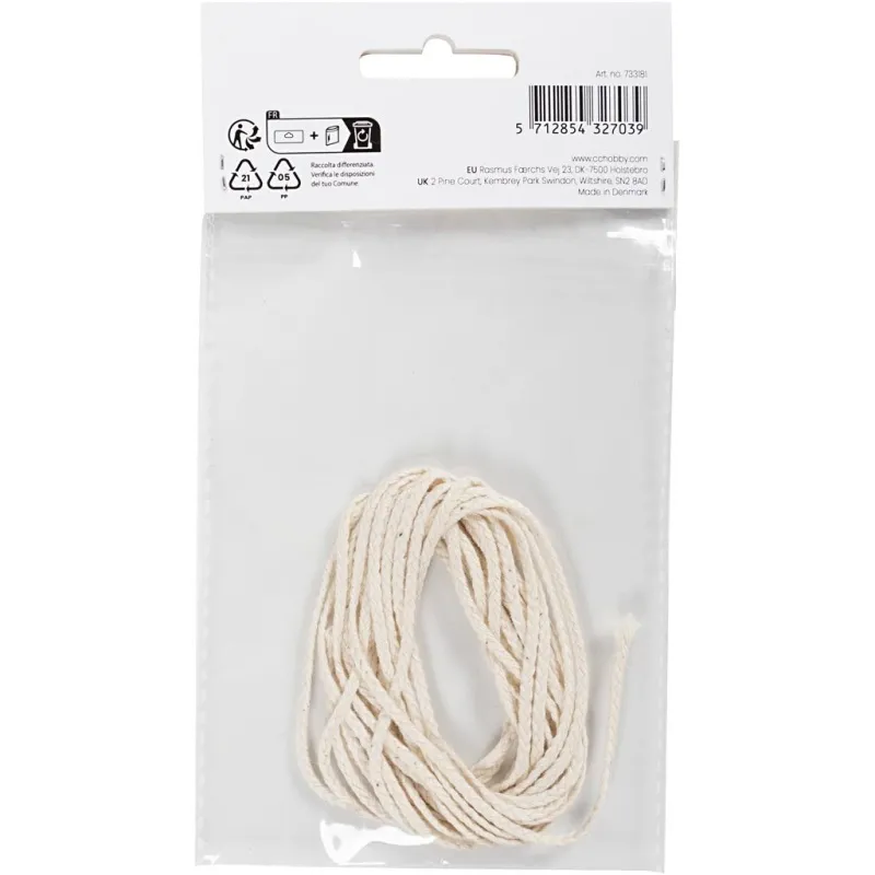 Docht , Geeignet für getauchte Kerzen (Durchm. 15–22 mm) und geformte Kerzen (Durchm. 40–60 mm), 100 g, 3 m/ 1 Pck
