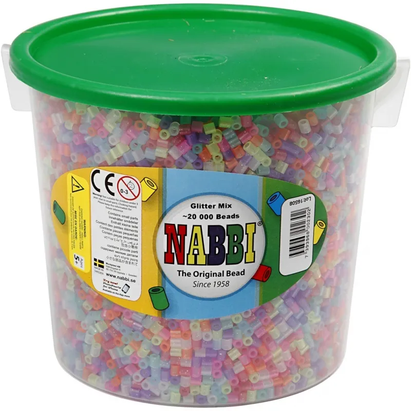 Bügelperlen, Größe 5x5 mm, Lochgröße 2,5 mm, medium, Glitter-Farben, 20000 Stk/ 1 Eimer