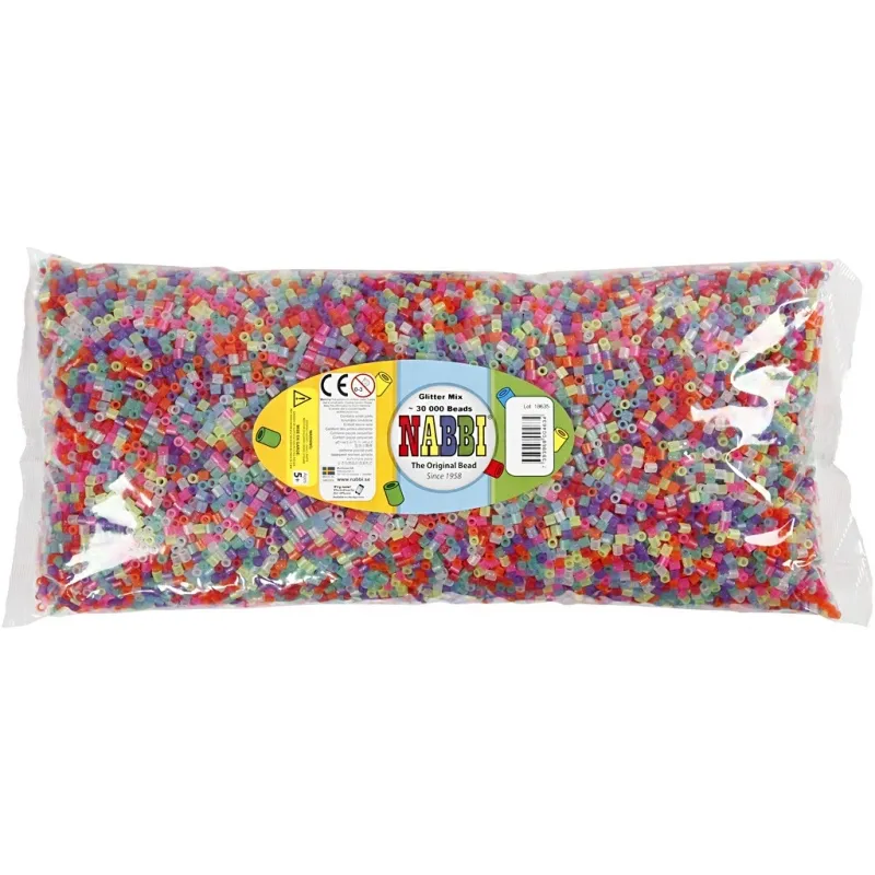 Bügelperlen, Größe 5x5 mm, Lochgröße 2,5 mm, medium, Glitter-Farben, 30000 Stk/ 1 Pck