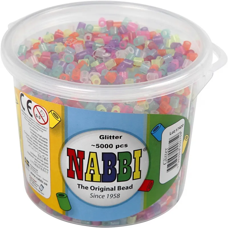 Bügelperlen, Größe 5x5 mm, Lochgröße 2,5 mm, medium, Glitter-Farben, 5000 Stk/ 1 Eimer