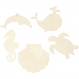 Meerestiere zum Aufhängen, Seepferdchen, Schildkröte, Delfin, Muschel und Wal, H 5-10 cm, B 5-10 cm, Lochgröße 3 mm, Dicke 2 mm, 5 Stk/ 1 Pck