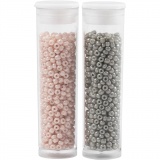 Rocailleperlen, D 1,7 mm, Größe 15/0, Lochgröße 0,5-0,8 mm, Hellgrau, Staubrosé, 2x7 g/ 1 Pck