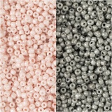 Rocailleperlen, D 1,7 mm, Größe 15/0, Lochgröße 0,5-0,8 mm, Hellgrau, Staubrosé, 2x7 g/ 1 Pck