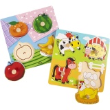 VIGA Laubsäge-Puzzle aus Holz mit Griff, Obst und Bauernhoftiere, Größe 22x22 cm, 2x4 Stücke, 2 Teile/ 1 Set