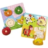 VIGA Laubsäge-Puzzle aus Holz mit Griff, Obst und Bauernhoftiere, Größe 22x22 cm, 2x4 Stücke, 2 Teile/ 1 Set
