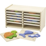 VIGA Laubsäge-Puzzleregal mit 12 Puzzles, H 17,5 cm, L 31,5, B 16 cm, 2 Stücke, 12 Teile/ 1 Set