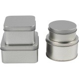 Metalldose, Rund und quadratisch, H 3-4,5 cm, D 6,5+7,5 cm, Größe 7x7+8,5x8,5 cm, Grau Metall, 4 Stk/ 1 Pck