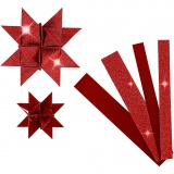 Papierstreifen für Fröbelsterne, L 44+78 cm, D 6,5+11,5 cm, B 15+25 mm, Glitter,Lack, Rot, 40 Streifen/ 1 Pck
