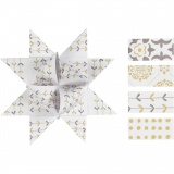 Papierstreifen für Fröbelsterne, L 44+78 cm, D 6,5+11,5 cm, B 15+25 mm, Gold, Weiß, 48 Streifen/ 1 Pck