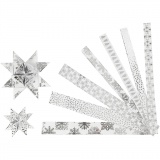 Papierstreifen für Fröbelsterne, L 44+78 cm, B 15+25 mm, D 6,5+11,5 cm, Silber, Weiß, 48 Streifen/ 1 Pck