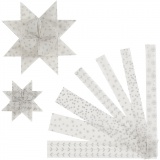 Papierstreifen für Fröbelsterne, L: 44+78 cm, B: 15+25 mm, D 6,5+11,5 cm, Silber, Weiß, 48 Streifen/ 1 Pck