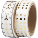 Washi Tape, Herzen und Punkte - Glanzfolie, B 15 mm, Gold, Weiß, 2x4 m/ 1 Pck