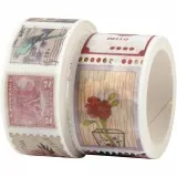 Washi Tape, Briefmarken- und Blumenmotive, L 3+5 m, B 20+25 mm, 2 Rolle/ 1 Pck