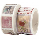 Washi Tape, Briefmarken- und Blumenmotive, L 3+5 m, B 20+25 mm, 2 Rolle/ 1 Pck