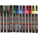 Posca Marker , PC-3M, Strichstärke 0,9-1,3 mm, fein, Sortierte Farben, 12 Stk/ 1 Pck