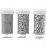 Mini Beads - Sortiment, Größe 0,6-0,8+1,5-2+3 mm, Silber, 3x45 g/ 1 Pck