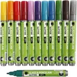 Glas-/Porzellanmalstift, Glitter, Strichstärke 2-4 mm, Halbdeckend, Sortierte Farben, 12 Stk/ 1 Pck