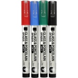 Glas-/Porzellanmalstift, Strichstärke 1-2 mm, Halbdeckend, Schwarz, Blau, Grün, Rot, 4 Stk/ 1 Pck