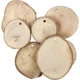 Holzscheiben mit Loch, D 40-70 mm, Lochgröße 4 mm, Dicke 5 mm, ca. 250 g, 25 Stk/ 1 Pck