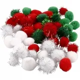Pompons, D 15+20 mm, Grün, Rot, Weiß, 48 Stk/ 1 Pck