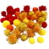 Pompons, D 15+20 mm, Orange, Rot, Gelb, 48 sort./ 1 Pck