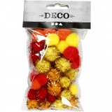 Pompons, D 15+20 mm, Orange, Rot, Gelb, 48 sort./ 1 Pck