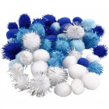 Pompons, D 15+20 mm, Hellblau, Dunkelblau, Weiß, 48 sort./ 1 Pck