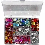 Strasssteine - Mix, Taler, Sterne, Herzen, D 6+7+9+10+11+12+14+16 mm, Blau, Pink, Silber, 300 Stk/ 1 Pck