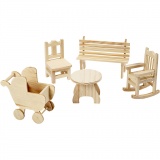 Mini-Möbel - Sortiment, Gartentisch, Kinderwagen, Stuhl, Schaukelstuhl, Bank, H: 5,8-10,5 cm, 50 Stk/ 1 Pck