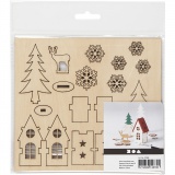 Zusammensteckbare Holzfiguren, Haus, Baum, Hirsch, L 15,5 cm, B 17 cm, Dicke 3 mm, 1 Pck
