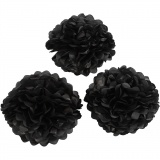 Seidenpapier-Pompons, D 20+24+30 cm, 16 g, Schwarz, 3 Stk/ 1 Pck