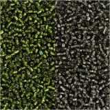 Rocailleperlen, D 1,7 mm, Größe 15/0 , Lochgröße 0,5-0,8 mm, Grasgrün, Graugrün, 2x7 g/ 1 Pck