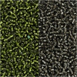 Rocailleperlen, D 1,7 mm, Größe 15/0, Lochgröße 0,5-0,8 mm, Grasgrün, Graugrün, 2x7 g/ 1 Pck